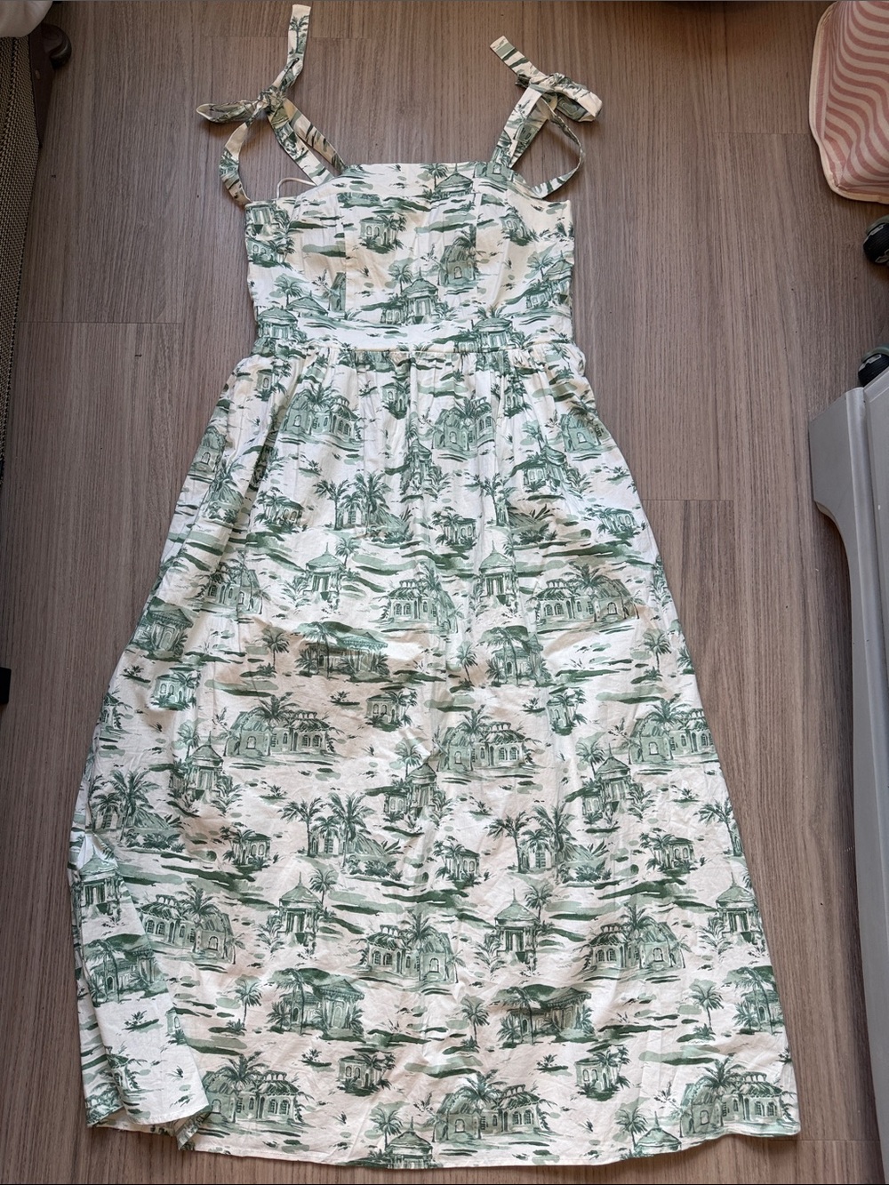 Rachel Zoe White and Green Toile Tie-Shoulder Sundress